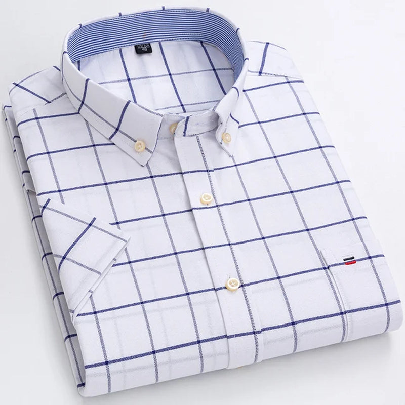 Men'S Fashion Versatile Short Sleeve Oxford Shirt Single Chest Pocket Regular-Fit Comfortable Cotton Plaid Striped Casual Shirts-Gennys fashion