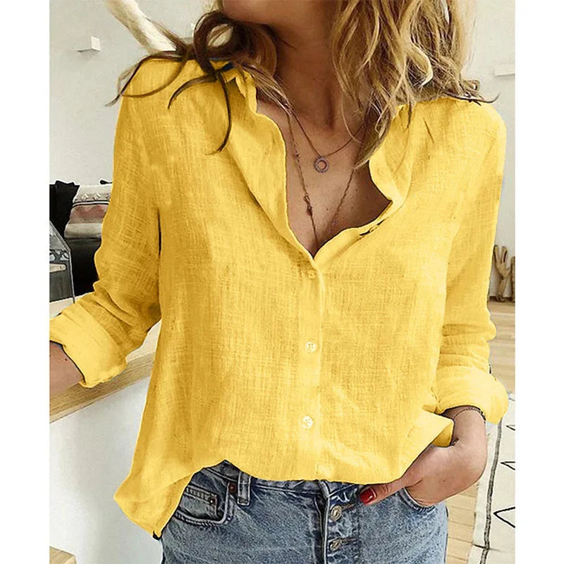 Leisure White Yellow Shirts Button Lapel Cardigan Top Lady Loose Long Sleeve Oversized Shirt Womens Blouses Autumn Blusas Mujer-Gennys fashion