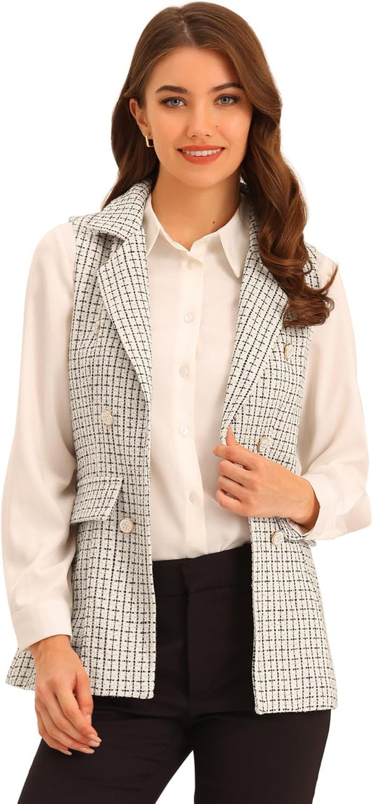 Plaid Tweed Sleeveless Blazer Vest