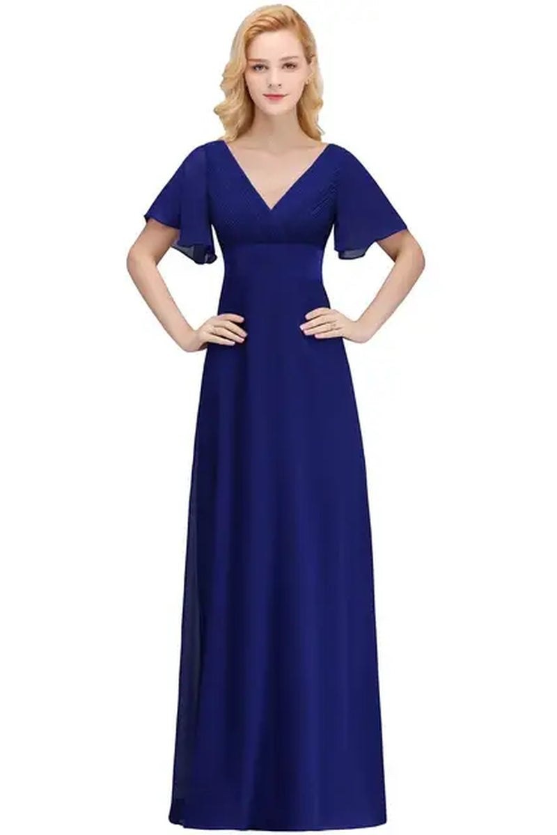 Navy Blue Evening Dresses Elegant V Neck Ruffles Chiffon Ruched Formal Party Prom Gowns Vestidos De Fiesta Wedding Bridesmaid-Gennys fashion