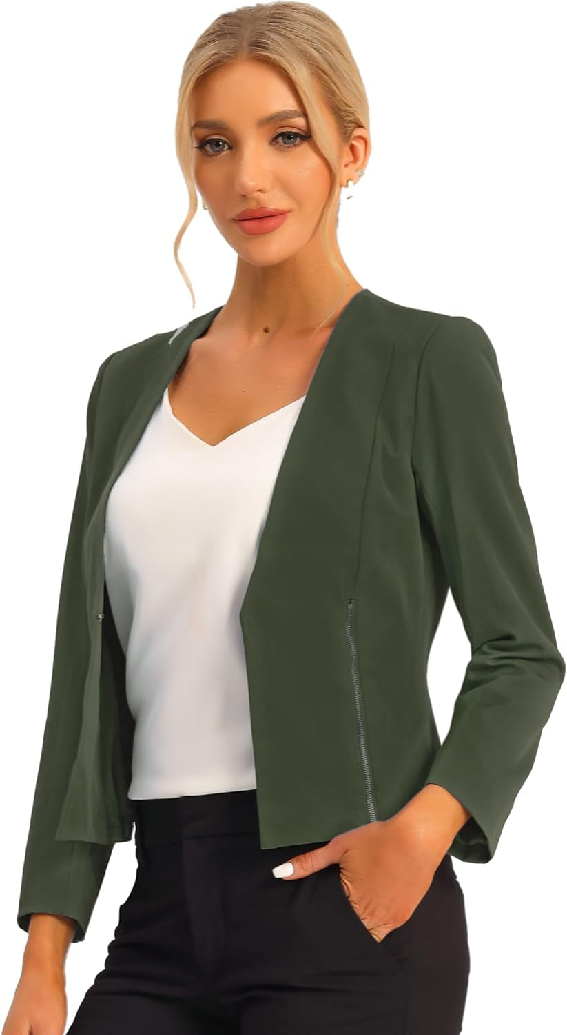 Women'S Crop Collarless Blazers Suit Zip Decor Work Office Jackets Blazer-Gennys fashion