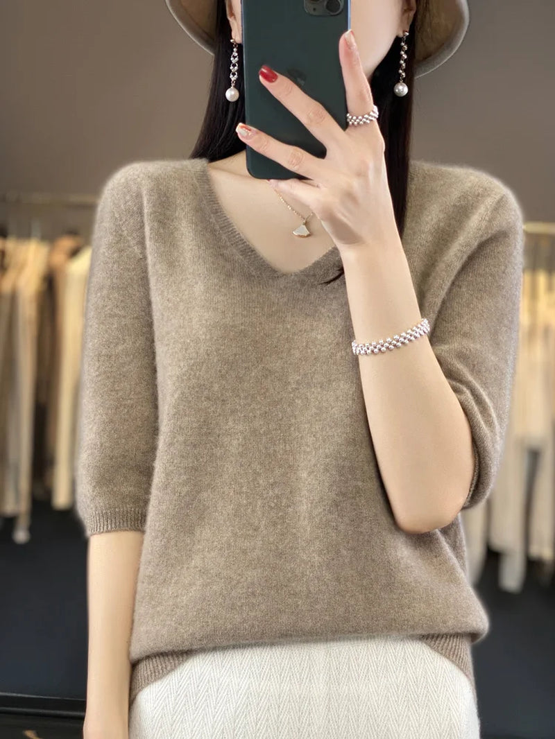 Short Sleeve Women Knitted Sweaters 100% Pure Merino Wool Cashmere Spring Fashion V-Neck Top Pullover Clothing-Gennys fashion