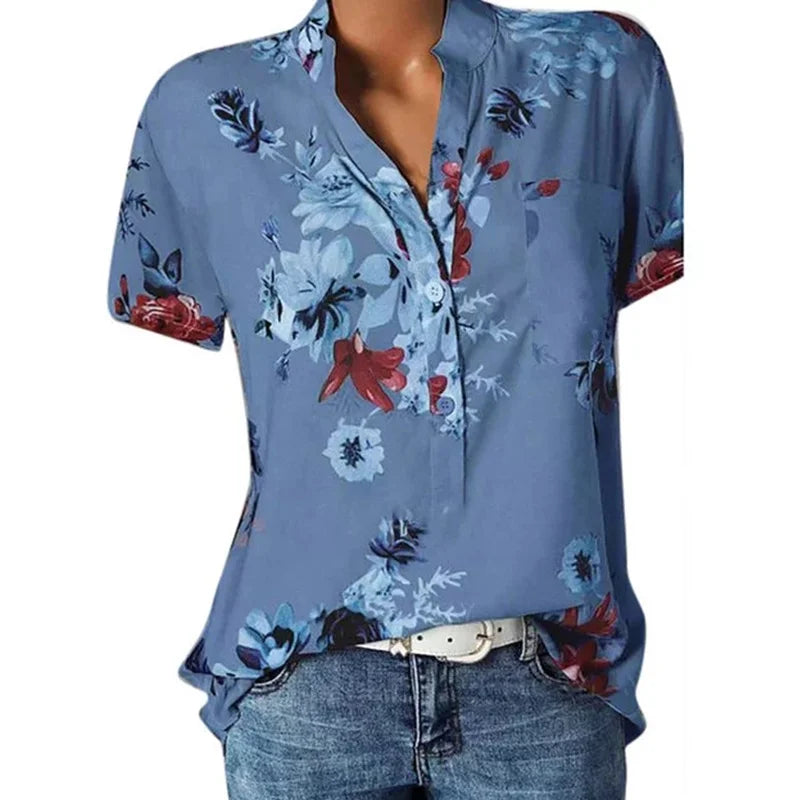 Elegant Women'S Shirt Printing Large Size Casual Shirt Fashion V-Neck Short-Sleeved Shirt Blouse-Gennys fashion