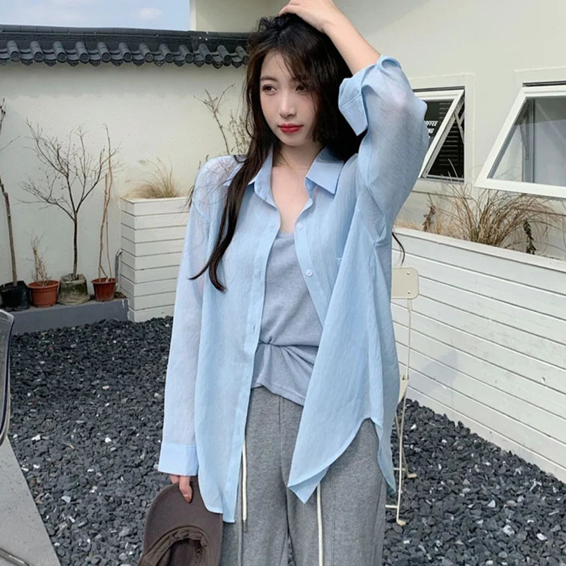 Sun-Proof Thin Summer Shirt Women Simple Solid Color Long Sleeve Blouse Woman 2024 Korean Style Loose Basic Shirts Female-Gennys fashion