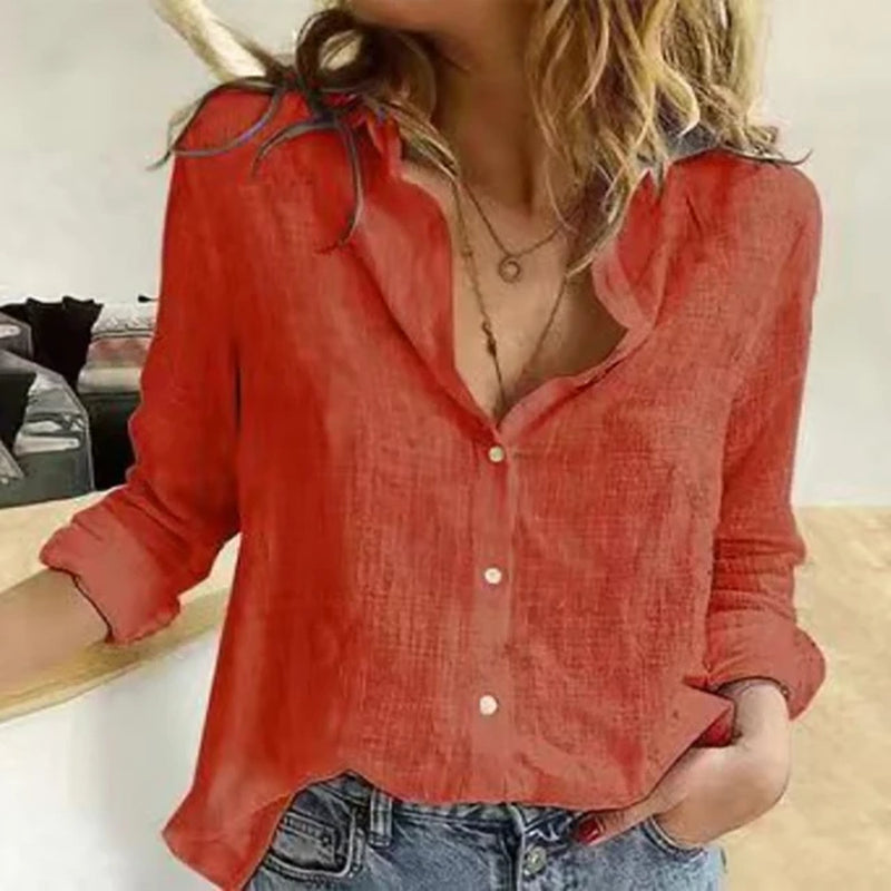 Elegant Cotton Linen Shirts Women Casual Solid Button Lapel Blouses Shirts Autumn Winter Long Sleeve Loose Tops Tunic Blusas-Gennys fashion