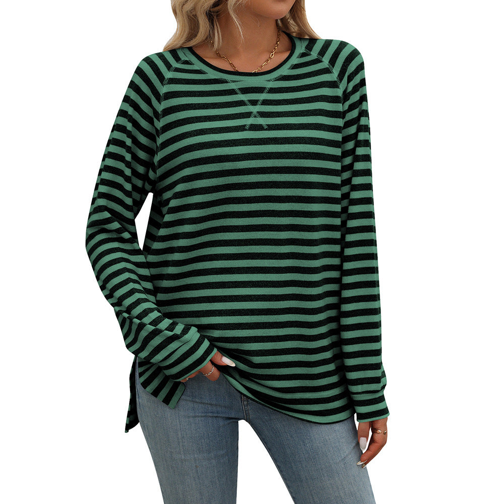 Striped Contrast Color Round Neck Long Sleeve Loose-fitting T-shirt Top-Gennys fashion