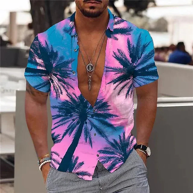 2024 Summer Hawaiian Men'S Shirt Vacation Daily Slim-Fit Top Gym Elegant Floral Pattern Leaves Society Casual Fashion-Gennys fashion