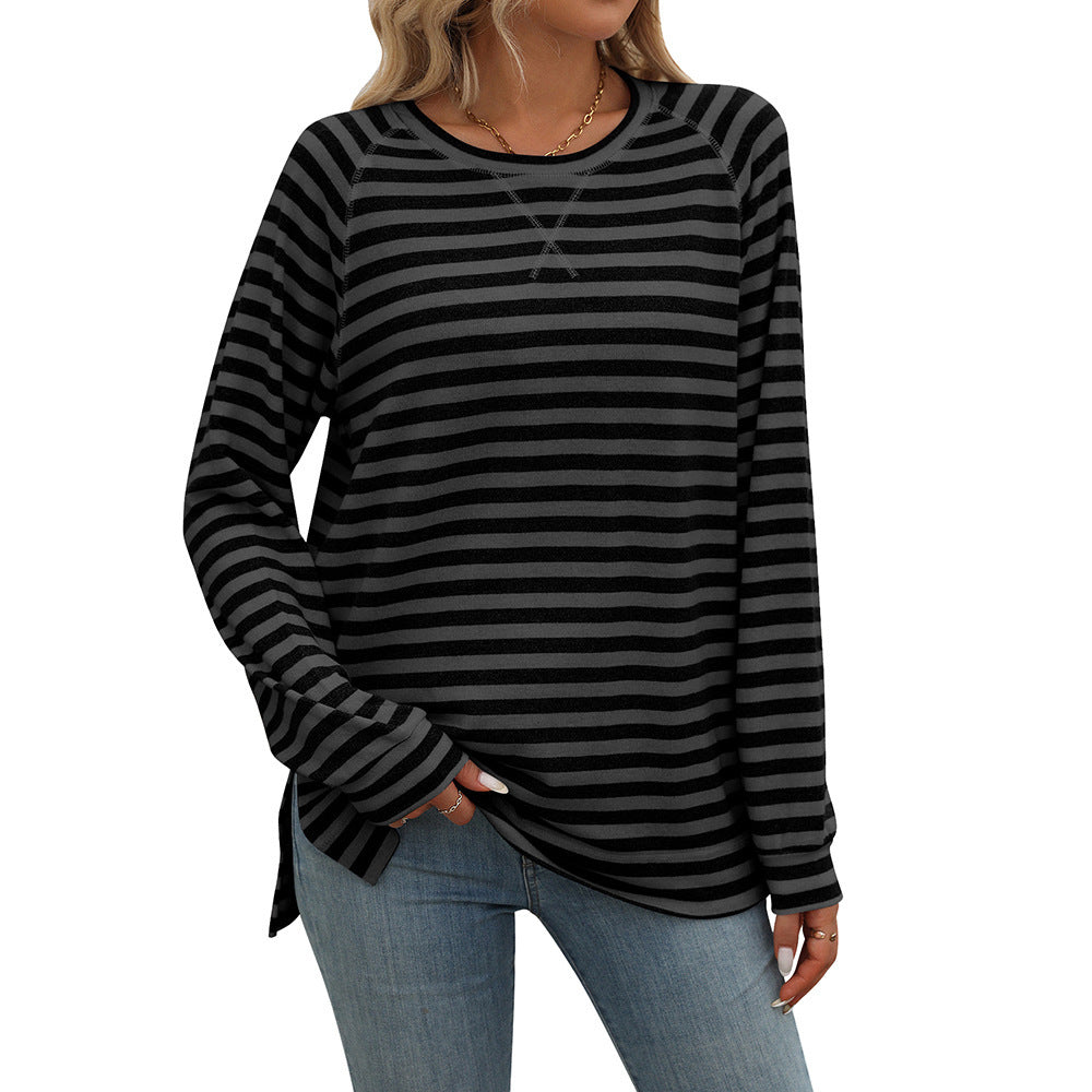 Striped Contrast Color Round Neck Long Sleeve Loose-fitting T-shirt Top-Gennys fashion