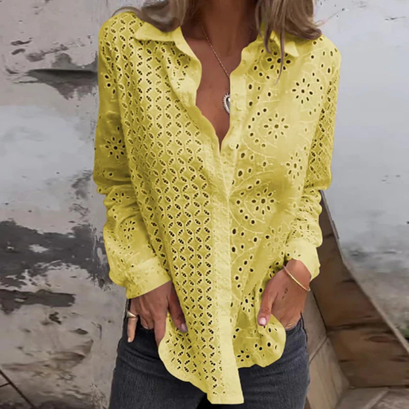 Sexy Hollow Out Embroidery Crochet Blouses Women Spring Solid Long Sleeve Jacquard Top Summer Loose Single Breasted Lapel Shirt-Gennys fashion