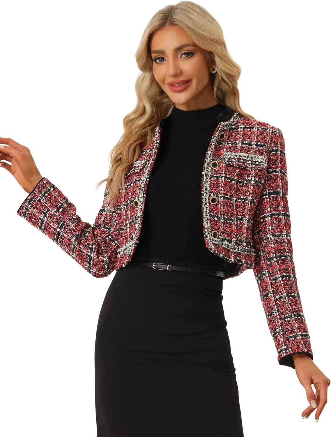 Elegant Plaid Tweed Crop Blazer