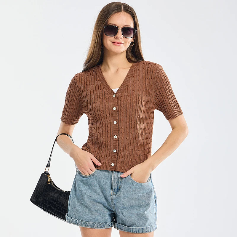 Summer Thin Cardigan for Women Solid Cropped Cardigans Button V Neck Short Sleeve Knitted Tops Brown Slim Sweater Spring 2024-Gennys fashion