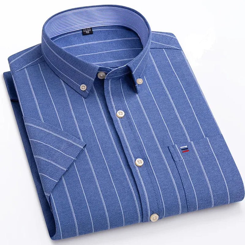 100% Cotton Men Oxford Shirt Short Sleeve Summer Plaid Striped Male Clothes Business Regular Fit Dress Shirt Oversized 7XL 6XL-Gennys fashion