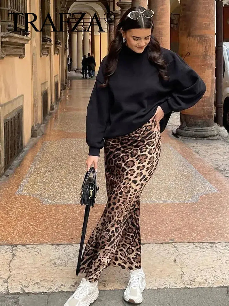 2024 Women Fashion Leopard Print Skirt Vintage High Waist Midi Skirts Elegant Women Summer Casual Streetwear Skirt-Gennys fashion