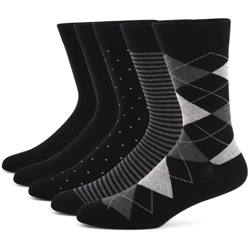 5 Pairs Mens Dress Socks plus Large Size，High Quality Combed Cotton Crew Socks，Black Cool Argyle Breathable Casual Socks for Men-Gennys fashion