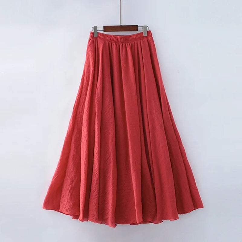 High Quality Cotton Linen Maxi Skirt Womens Casual Elastic High Waist Pleated A-Line Beach Skirts Boho Saia Feminina Faldas Jupe-Gennys fashion