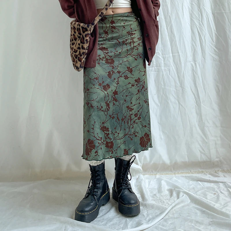 Harajuku Floral Print Long Skirt Vintage Low Rise Straight Midi Skirts for Women Autumn Basic All-Match Skirts Ladies Y2K-Gennys fashion