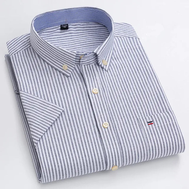 100% Cotton Men Oxford Shirt Short Sleeve Summer Plaid Striped Male Clothes Business Regular Fit Dress Shirt Oversized 7XL 6XL-Gennys fashion