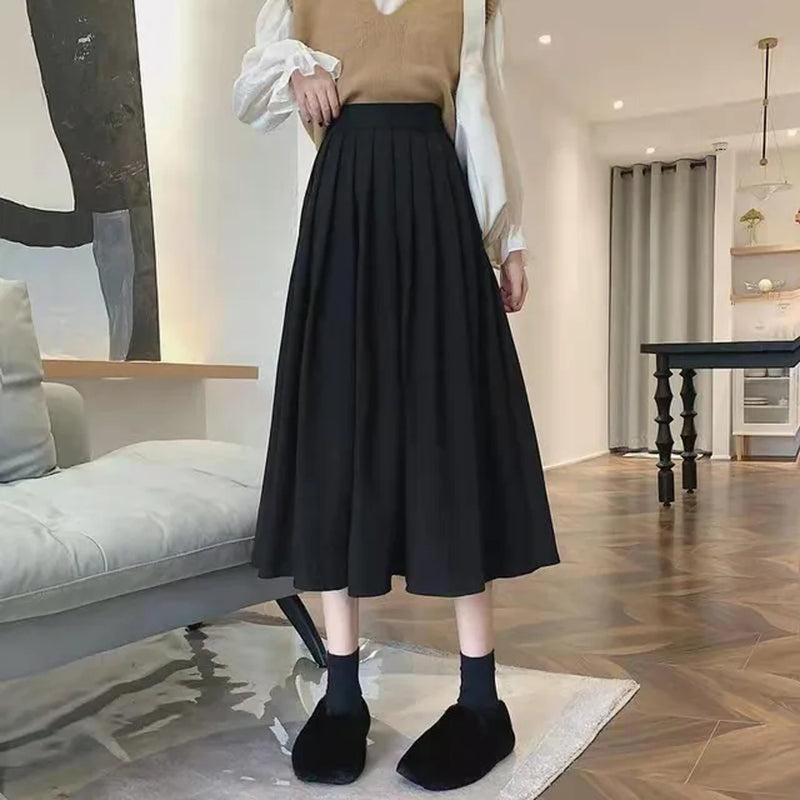 Vintage Brown High Waist Pleated Skirt Women Korean Fashion College Style Long Skirt Ladies Autumn Casual a Line Skirts-Gennys fashion