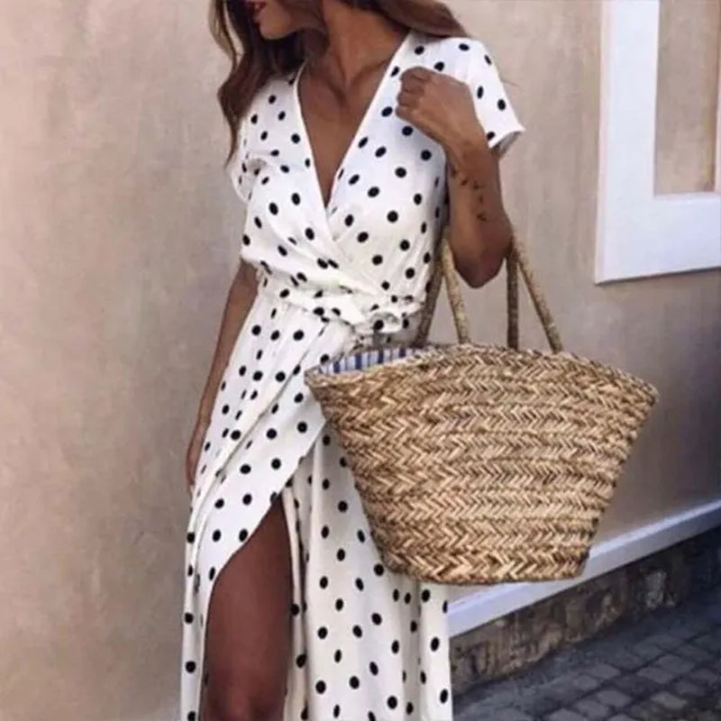 Summer Ladies Long Split Dress Polka Dot Beach Dress Maxi Dress Women Evening Party Dress Floor-Length Beach Hobo Sundress-Gennys fashion