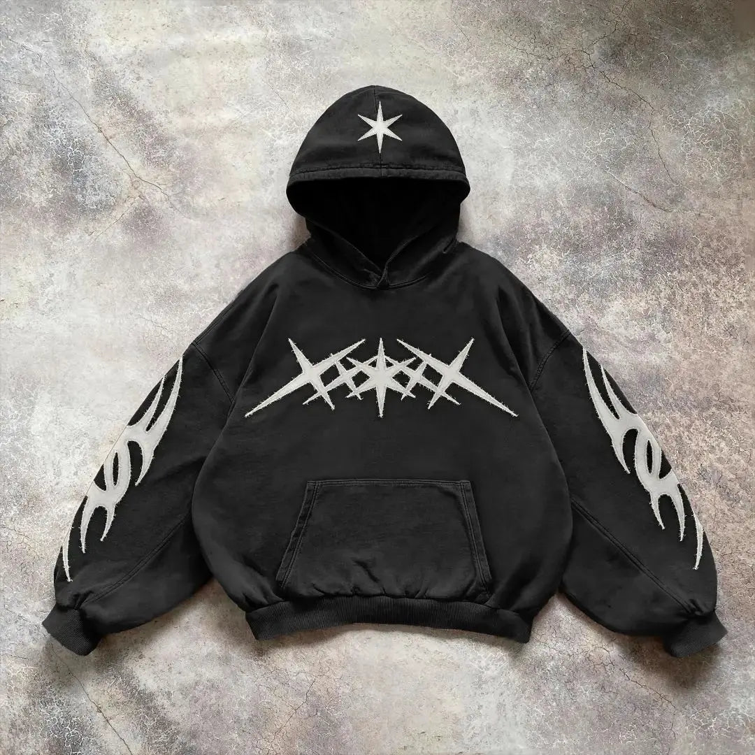 Y2K Retro Black Star Patchwork Hoodie Fashion Loose Oversized Embroidered Hooded Sweatshirt Gothic Streetwear Men Clothing-Gennys fashion