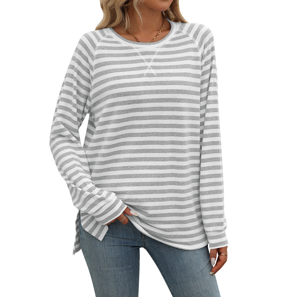 Striped Contrast Color Round Neck Long Sleeve Loose-fitting T-shirt Top-Gennys fashion