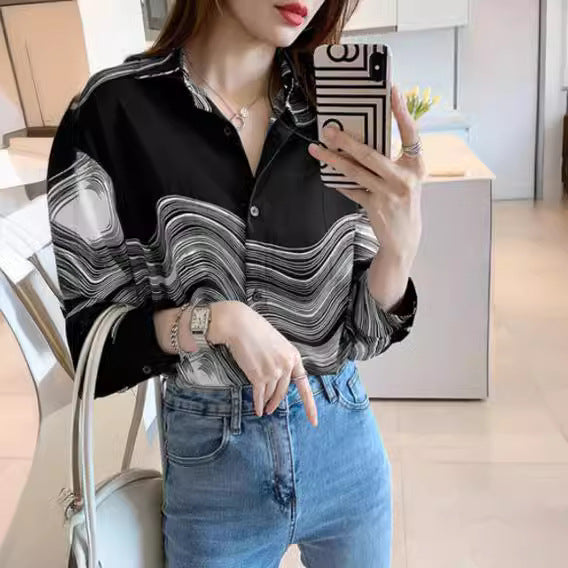 Ink Painting Cotton Linen Long Sleeve Blouse-Gennys fashion