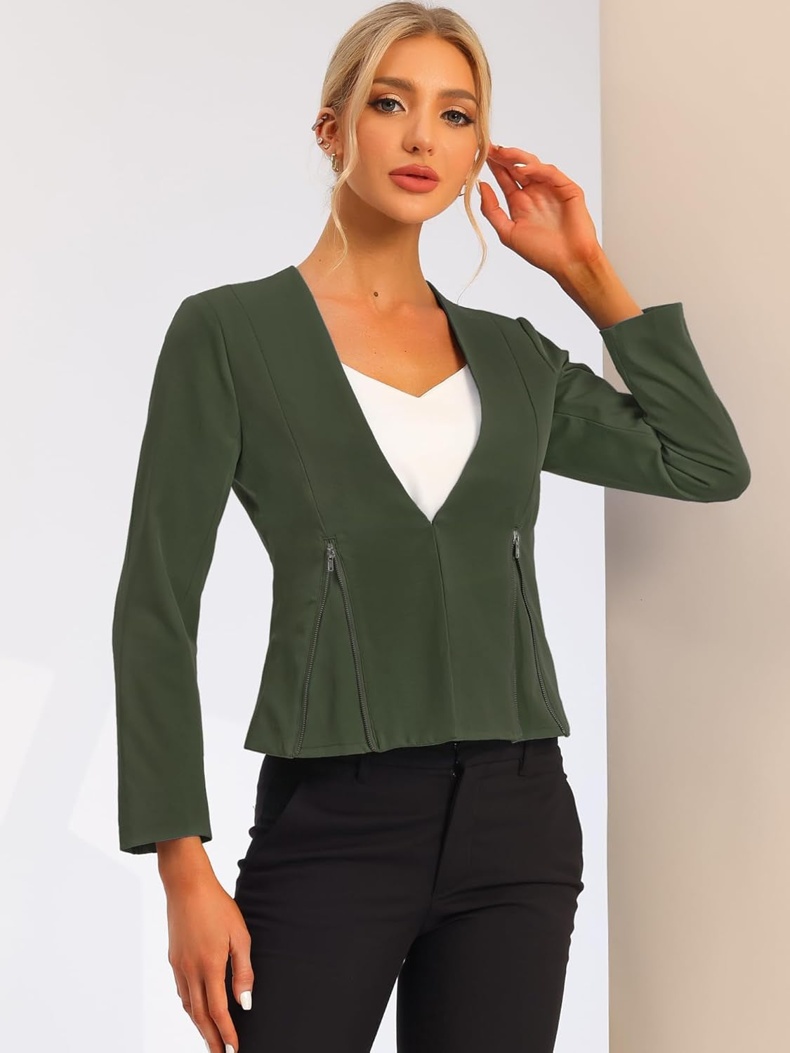 Women'S Crop Collarless Blazers Suit Zip Decor Work Office Jackets Blazer-Gennys fashion