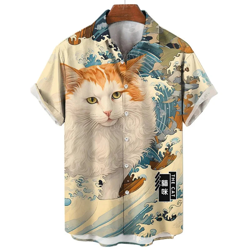 Fashion Hawaiian Shirt 3D Animal Cat Printed Short Sleeves Summer Beach Floral Lapel Shirts Men Streetwear Tops Blouse Clothes-Gennys fashion