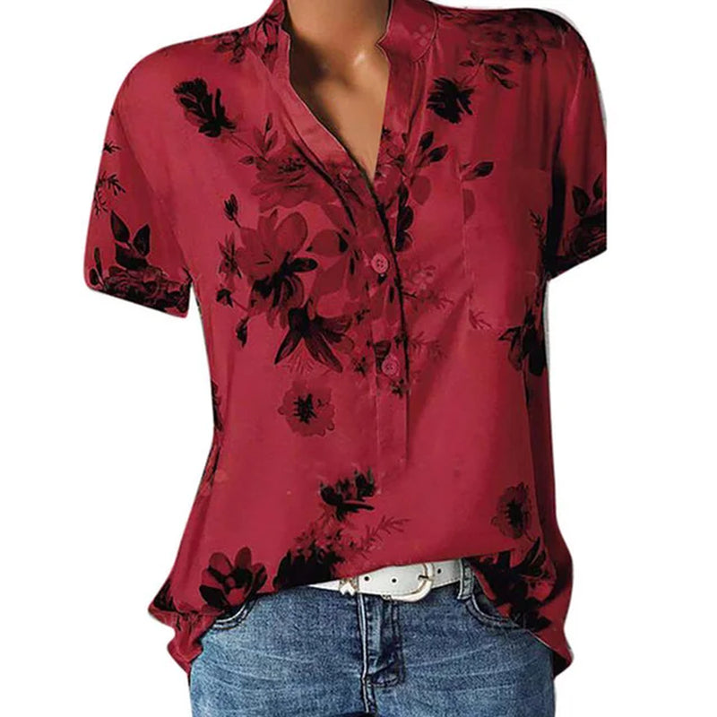 Elegant Women'S Shirt Printing Large Size Casual Shirt Fashion V-Neck Short-Sleeved Shirt Blouse-Gennys fashion