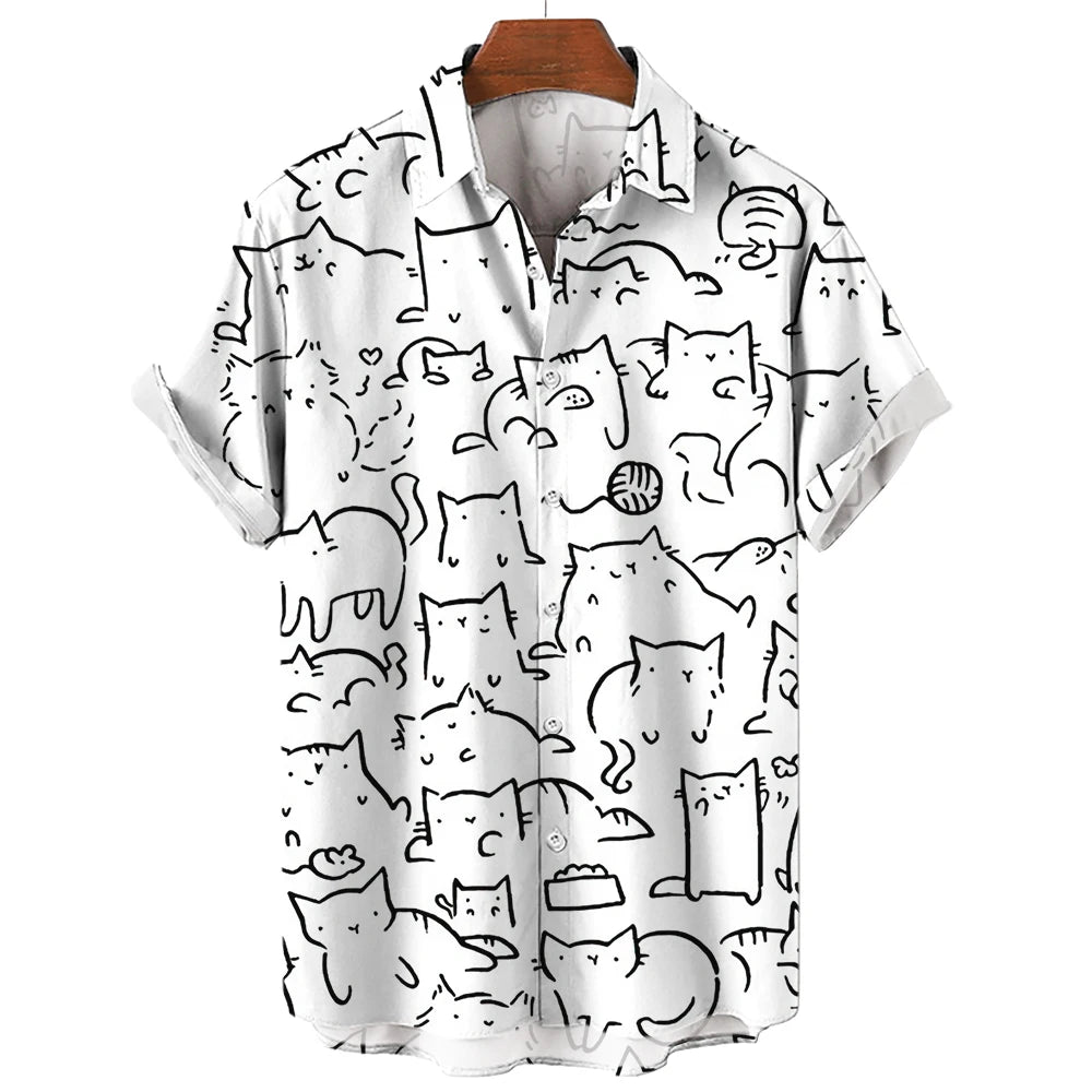 Men'S Hawaiian Collar Shirt 3D Printing Short Sleeve Cute Cat Casual for Men Vintage Clothes Harajuku Floral Blouse-Gennys fashion