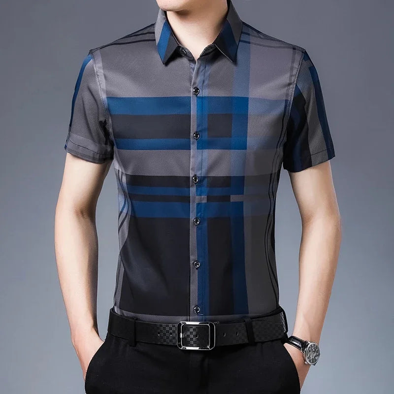 Men'S Striped Business Casual Short Sleeved Shirt Wrinkle Resistant and Non Ironing Comfortable Top-Gennys fashion