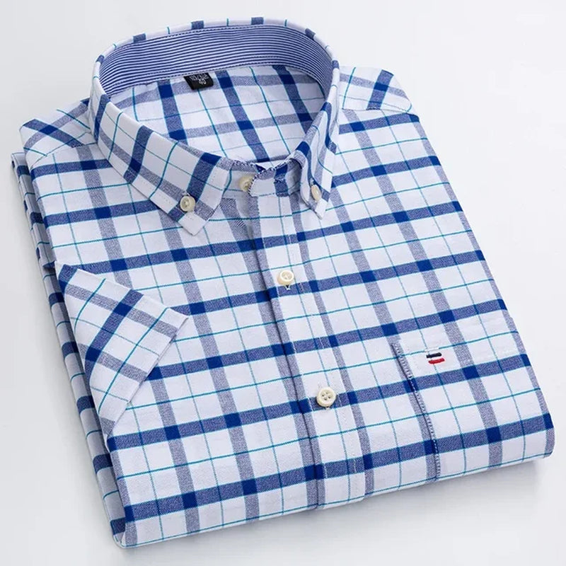 New Men'S Social Shirt Short Sleeve 100% Pure Cotton Oxford Soft Buttoned Plaid Formal Male Clothes Oversized Shirt plus Size-Gennys fashion