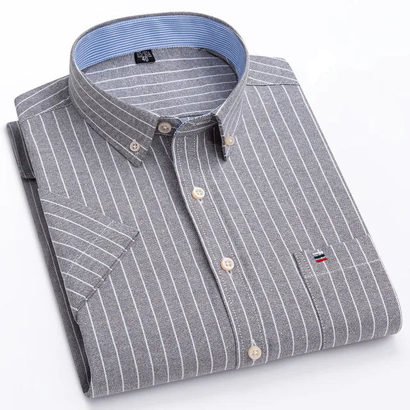 100% Cotton Men Oxford Shirt Short Sleeve Summer Plaid Striped Male Clothes Business Regular Fit Dress Shirt Oversized 7XL 6XL-Gennys fashion