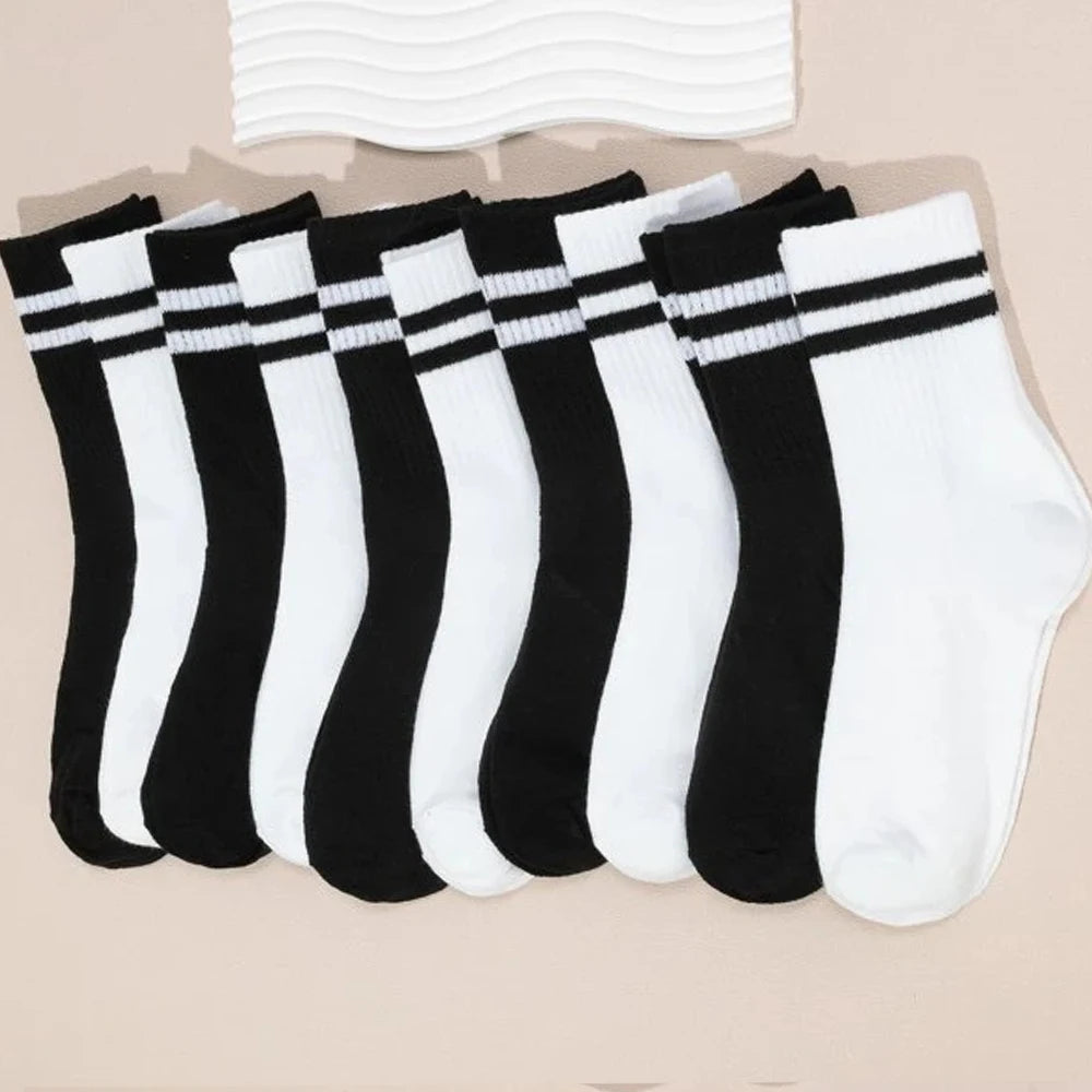 10 Pairs High Tube Mid Length Socks Set Women in Solid Black White Parallel Bars Popular Sweat Absorption Fashion Women'S Socks-Gennys fashion