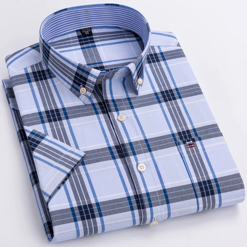 Men'S Fashion Versatile Short Sleeve Oxford Shirt Single Chest Pocket Regular-Fit Comfortable Cotton Plaid Striped Casual Shirts-Gennys fashion