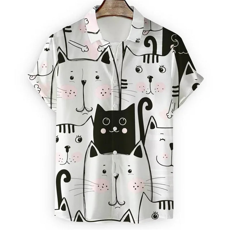 Men'S Hawaiian Collar Shirt 3D Printing Short Sleeve Cute Cat Casual for Men Vintage Clothes Harajuku Floral Blouse-Gennys fashion