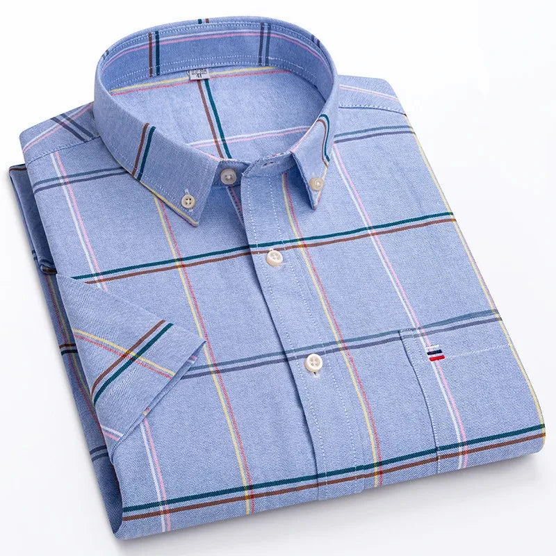 Men'S High-Quality Oxford Cotton Short Sleeved Shirt for Summer Comfort Breathable Classic Solid Color Plaid Business Leisure-Gennys fashion