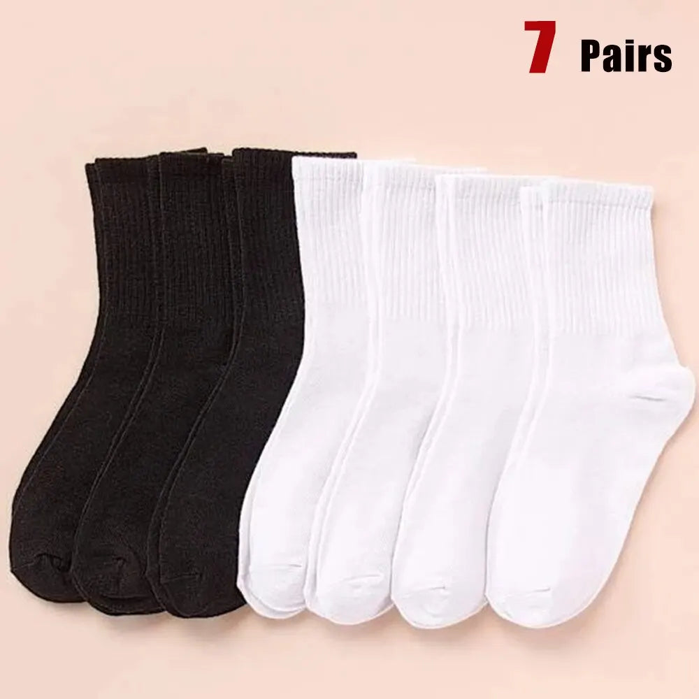 7 Pairs Mid Length Socks Women'S Classic Black White Solid Color Fashionable Casual Sports Sweat Absorbing Breathable Men Socks-Gennys fashion