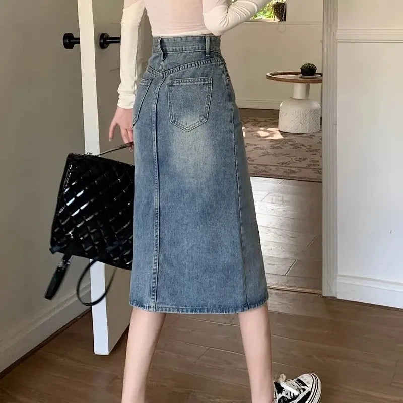 Korean Version of Ins Retro High-Waisted Split Denim Jeans Skirt Women Loose Thin Long A-Line Bag Hip Skirt Tide Women Jeans-Gennys fashion