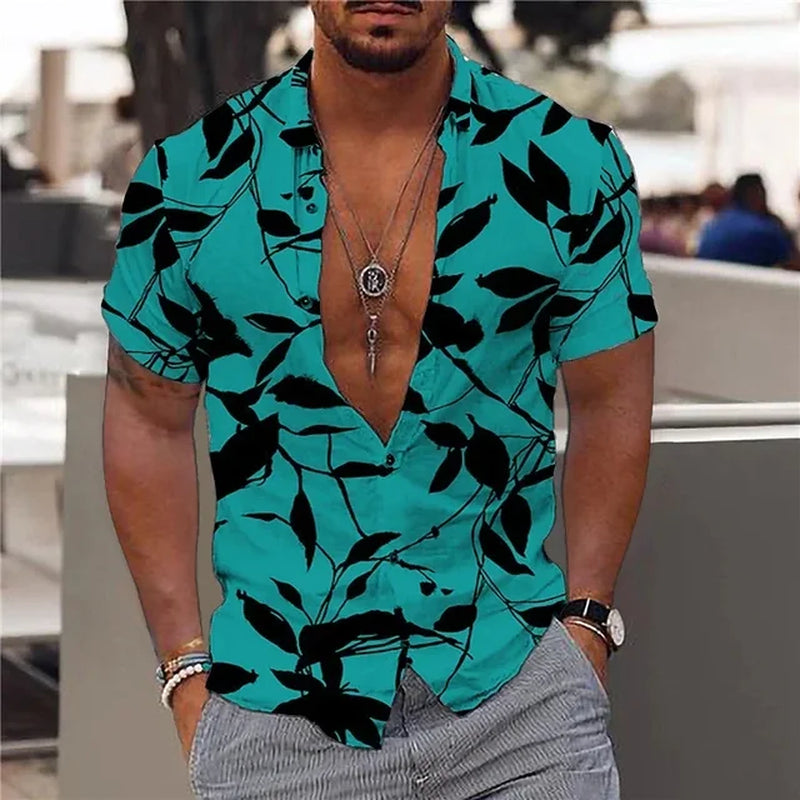 2024 Summer Hawaiian Men'S Shirt Vacation Daily Slim-Fit Top Gym Elegant Floral Pattern Leaves Society Casual Fashion-Gennys fashion