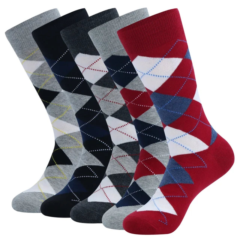 5 Pairs Mens Dress Socks plus Large Size，High Quality Combed Cotton Crew Socks，Black Cool Argyle Breathable Casual Socks for Men-Gennys fashion