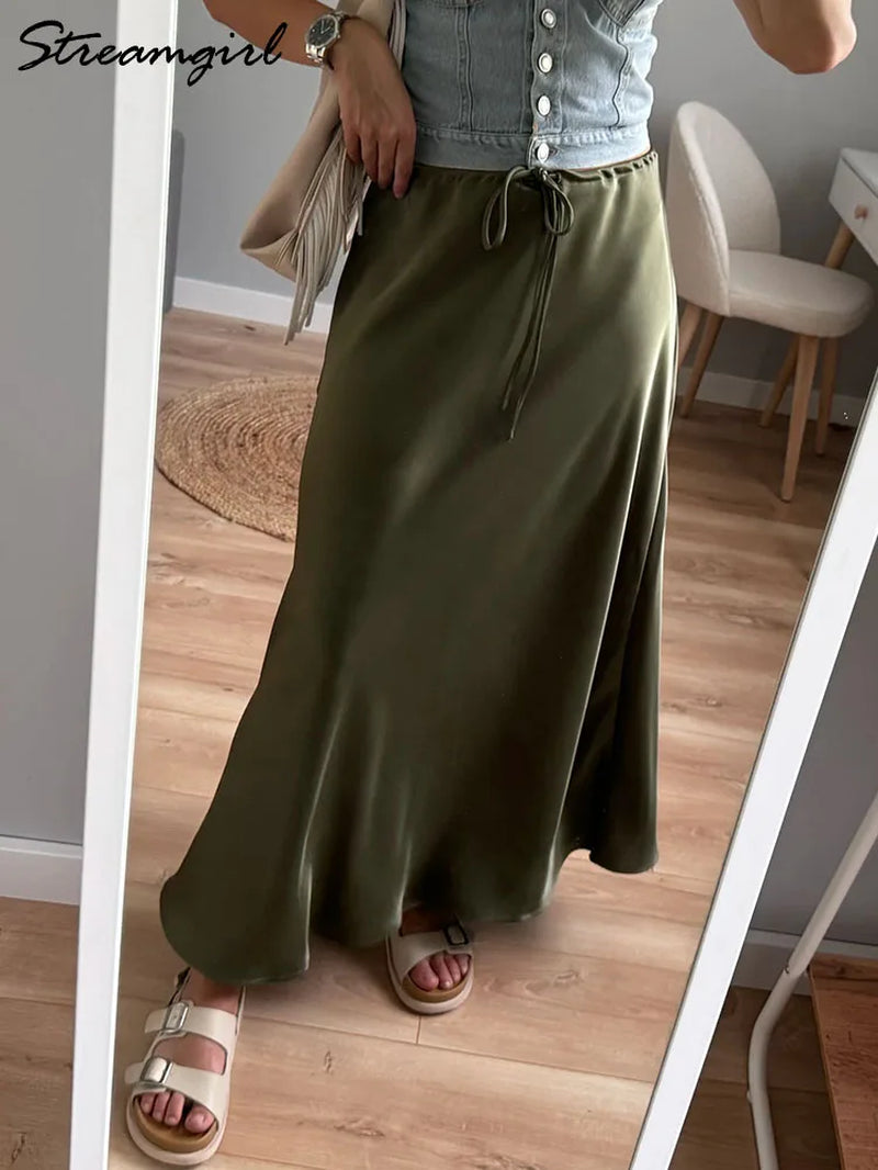 Champagne Long Skirts for Women Elegant 2024 Luxury Satin Skirt Long Beige a Line Tie up Army Green Maxi Skirts for Women Autumn-Gennys fashion