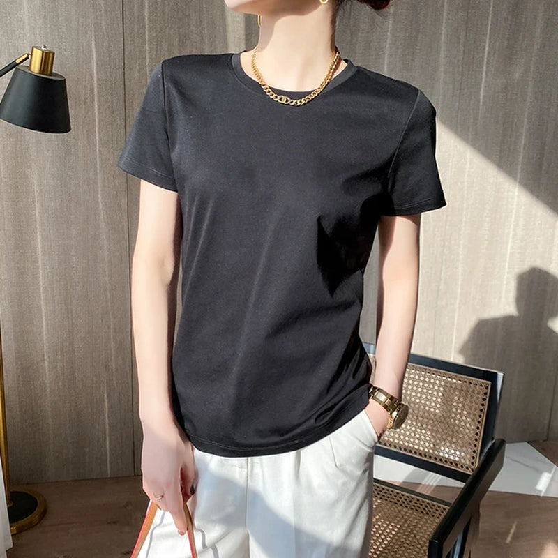 Summer 100% Mercerized Cotton Women Silk T-Shirts O Neck Short Sleeve Loose Straight Tops Simple Casual Tees for Minimalist 2023-Gennys fashion