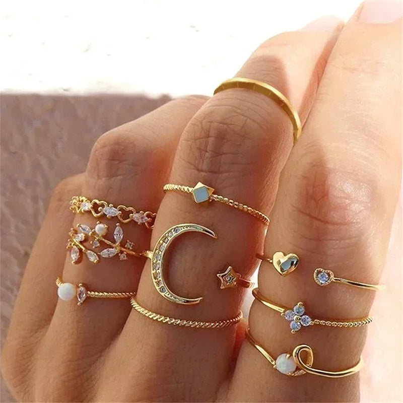 Crystal Rings Set Vintage Women Butterfly Pearl Geometric Hollow Ring Girls Anillos Jewelry Bague Adjustable Funk Jewellery-Gennys fashion