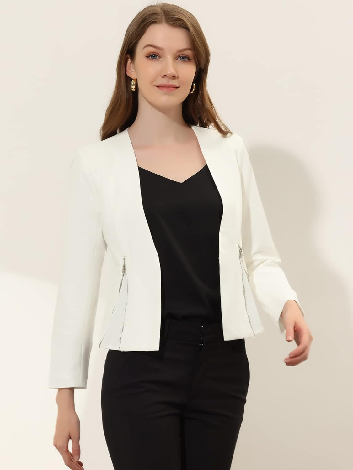 Women'S Crop Collarless Blazers Suit Zip Decor Work Office Jackets Blazer-Gennys fashion