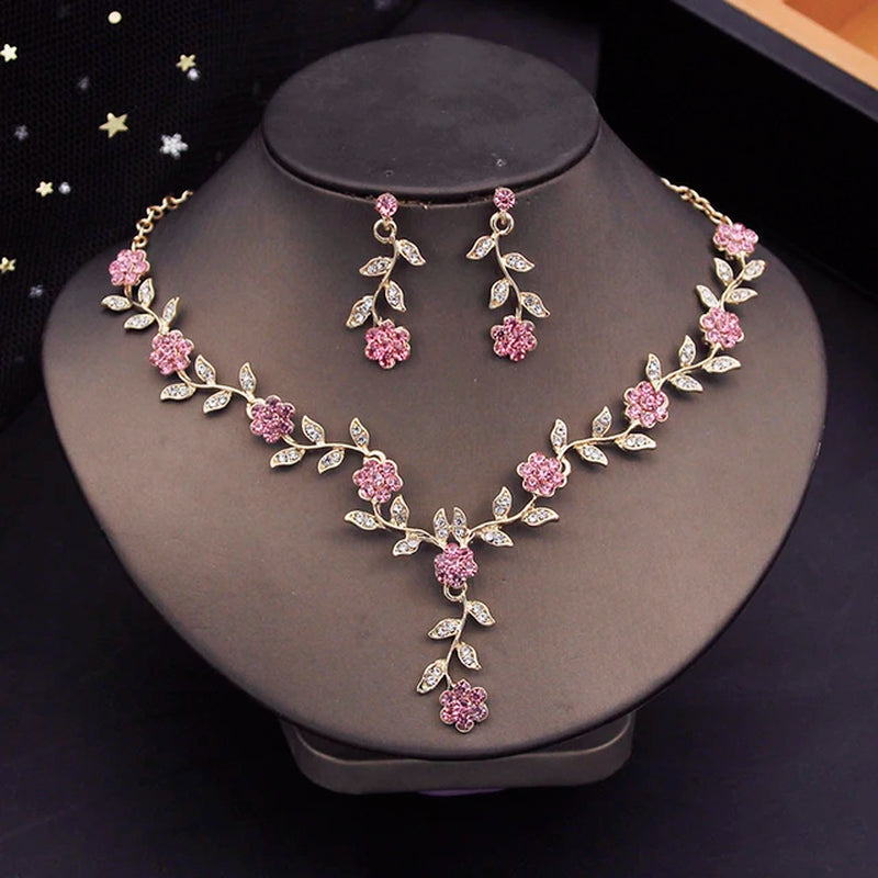 Rhinestone Bride Jewelry Sets for Women Luxury Flower Choker Necklace Earrings Wedding Dress Bridal Necklace Sets Fashion-Gennys fashion