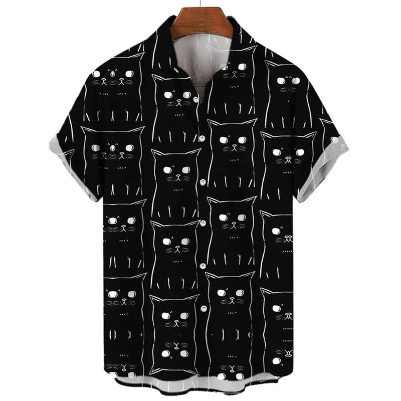 Men'S Hawaiian Collar Shirt 3D Printing Short Sleeve Cute Cat Casual for Men Vintage Clothes Harajuku Floral Blouse-Gennys fashion