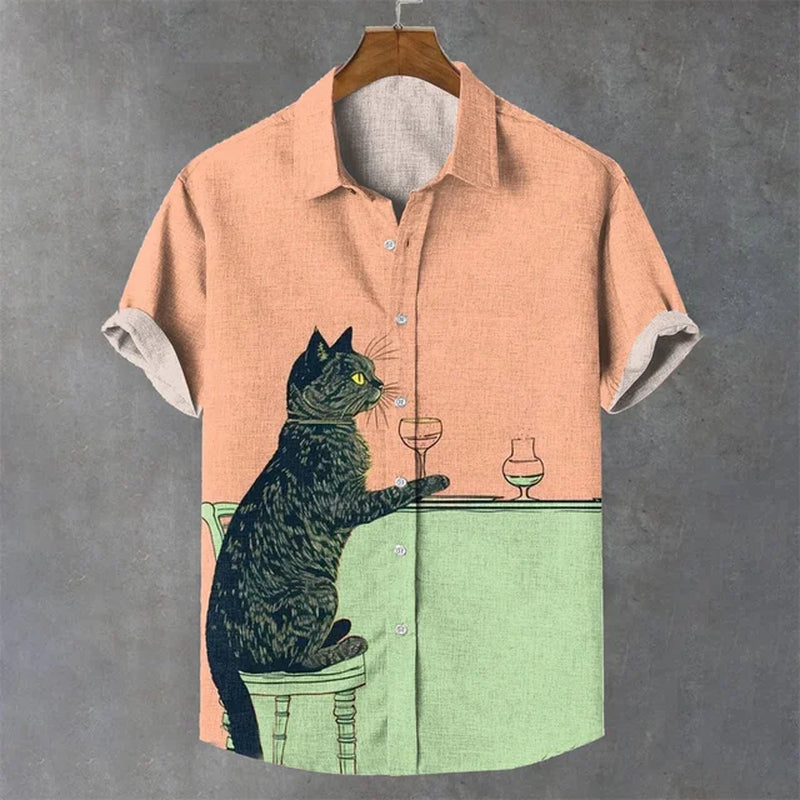 Men'S Short-Sleeved Shirt Hawaiian Casual Comfortable Men'S Lapel Top Cat Print Bamboo Linen Large Size Men'S Shirt Summer 5XL-Gennys fashion