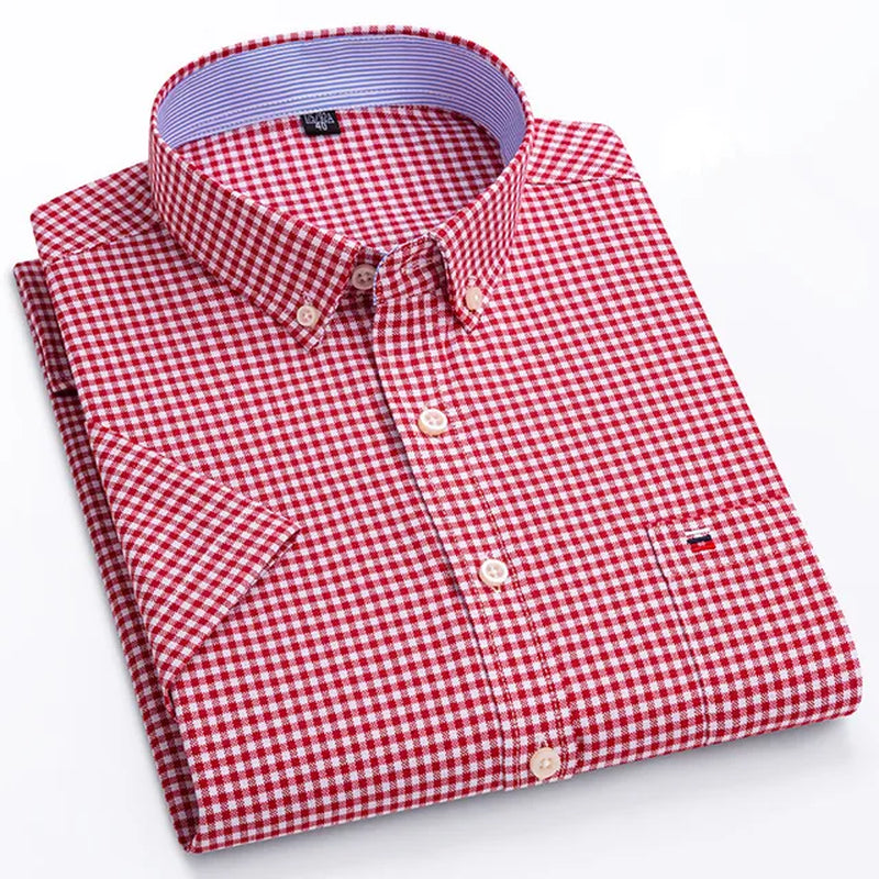 100% Cotton Men Oxford Shirt Short Sleeve Summer Plaid Striped Male Clothes Business Regular Fit Dress Shirt Oversized 7XL 6XL-Gennys fashion