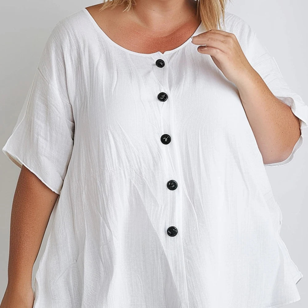 Plus Size Summer Casual White Basic Linen Button down round Neck Half Sleeve Blouse-Gennys fashion